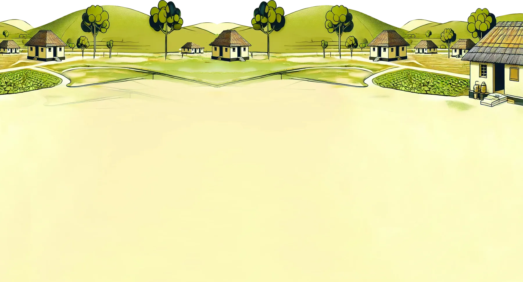 Illustration of the Atulyash village: green fields, trees and mud houses