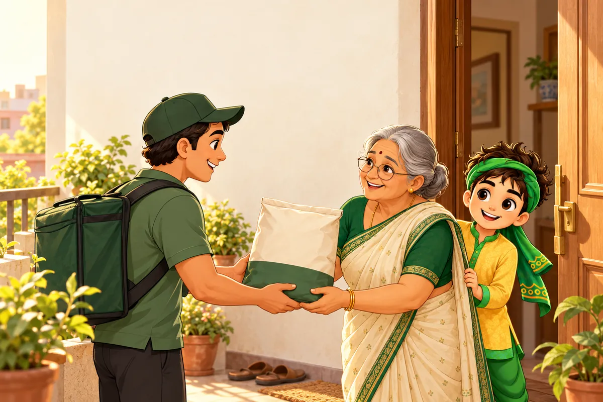 Illustration: an Atulyash rider hands a fresh atta bag to a grandmother at her door while Veer smiles beside her