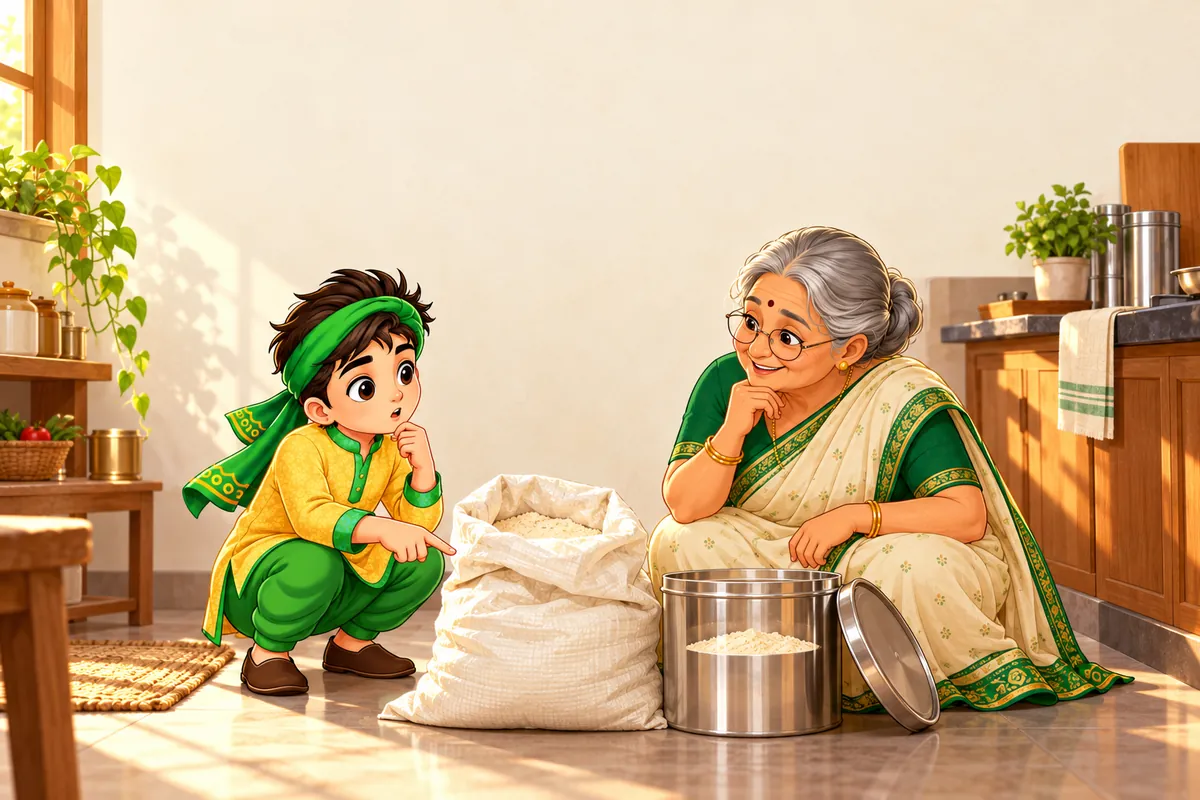 Illustration: Veer and his grandmother look at a large old bag of atta in the corner of the kitchen