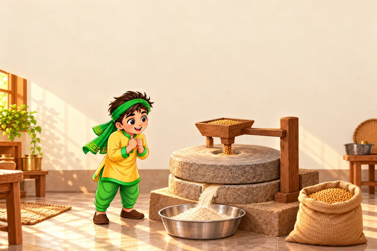 Illustration: Veer watches a stone chakki turn slowly as fresh atta falls into a steel bowl