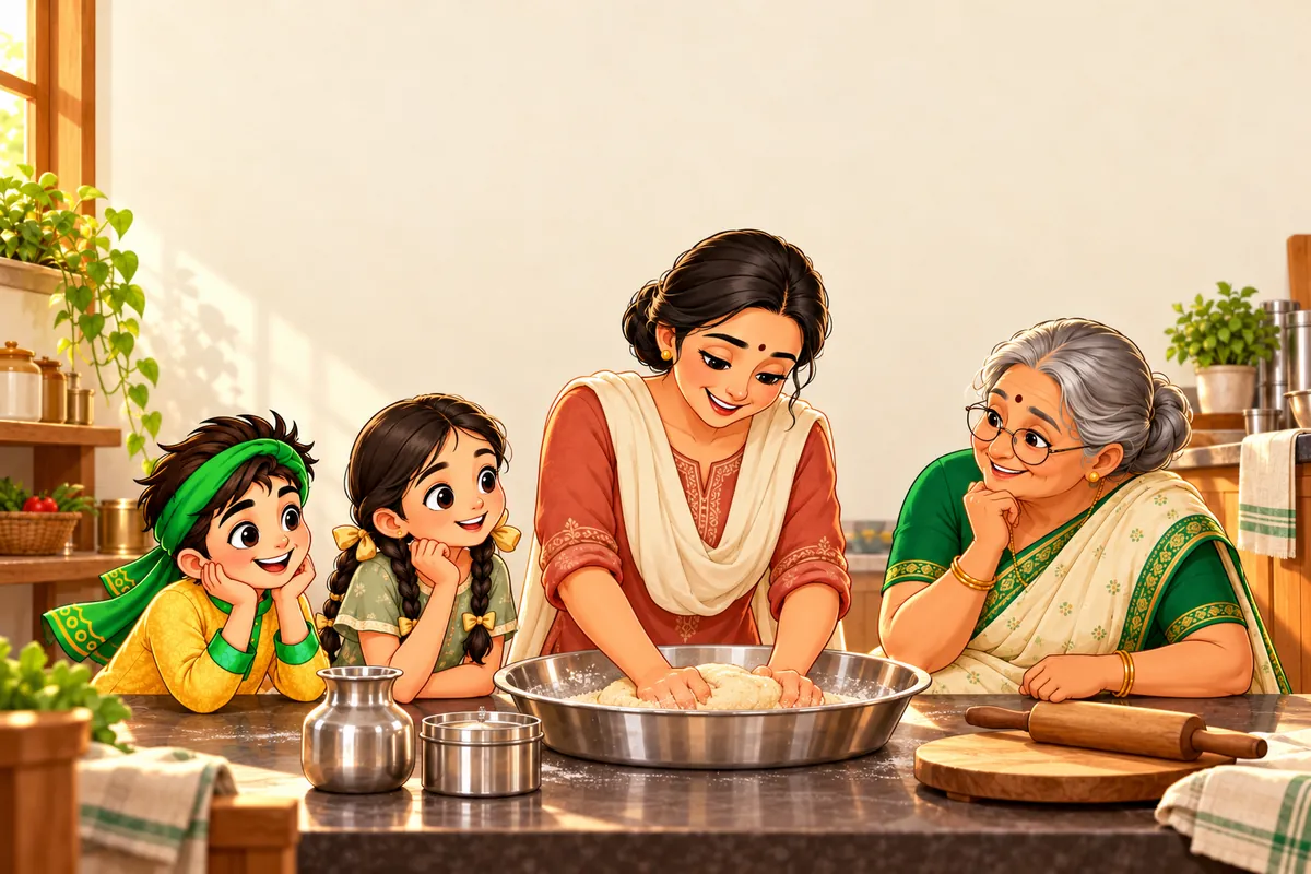 Illustration: a mother kneads dough while Veer, his sister and grandmother watch at the counter