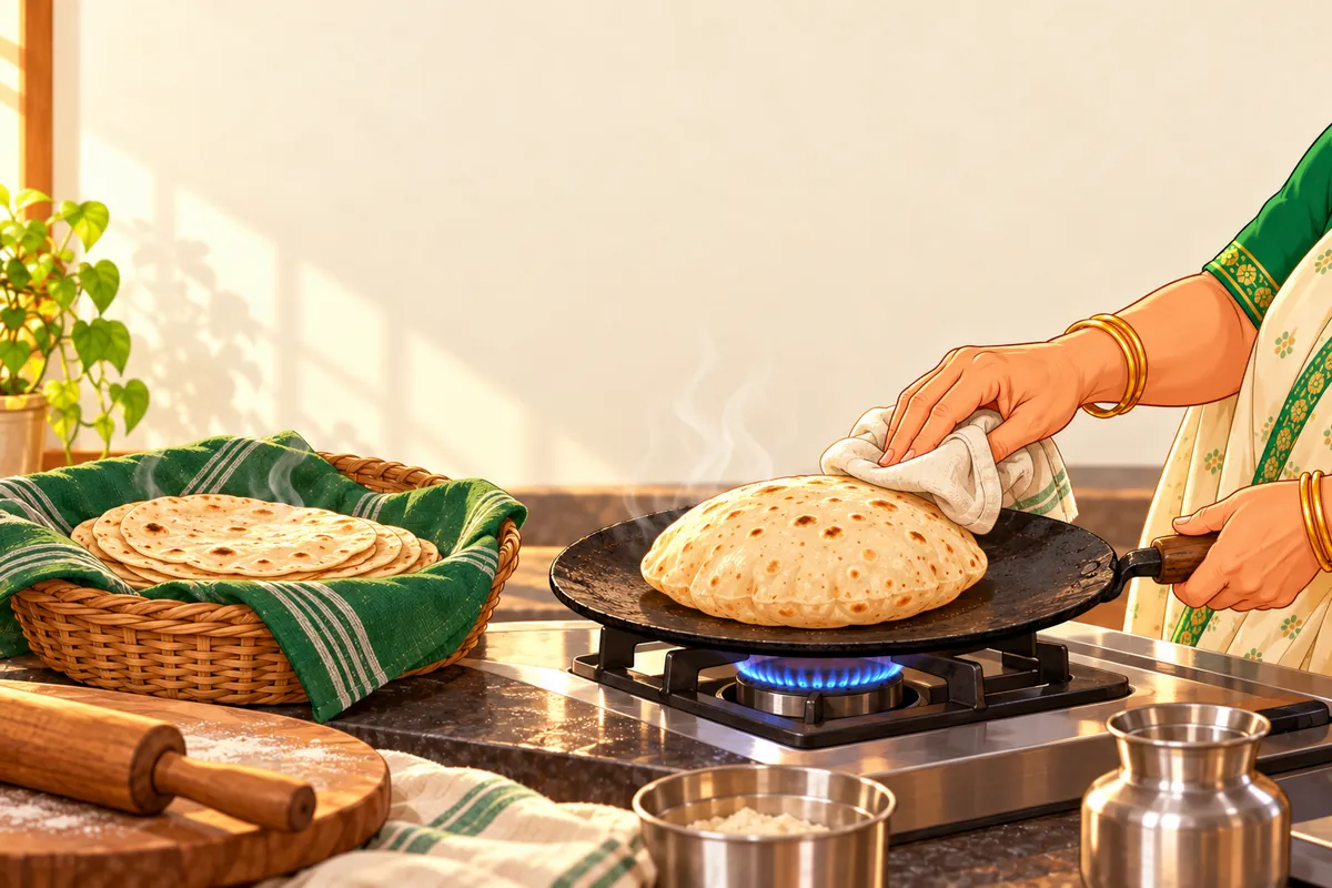 Illustration: a soft roti puffs up on a tawa beside a basket of fresh rotis