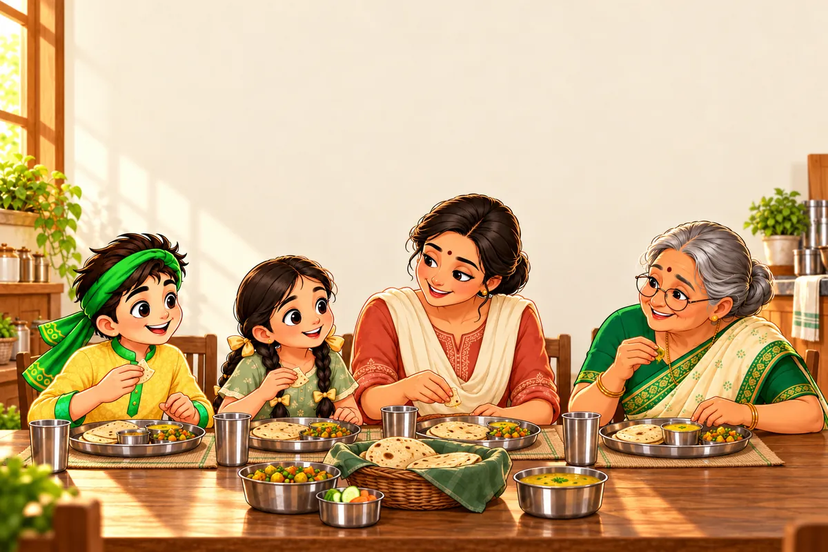 Illustration: the whole family shares a meal of fresh rotis at the table